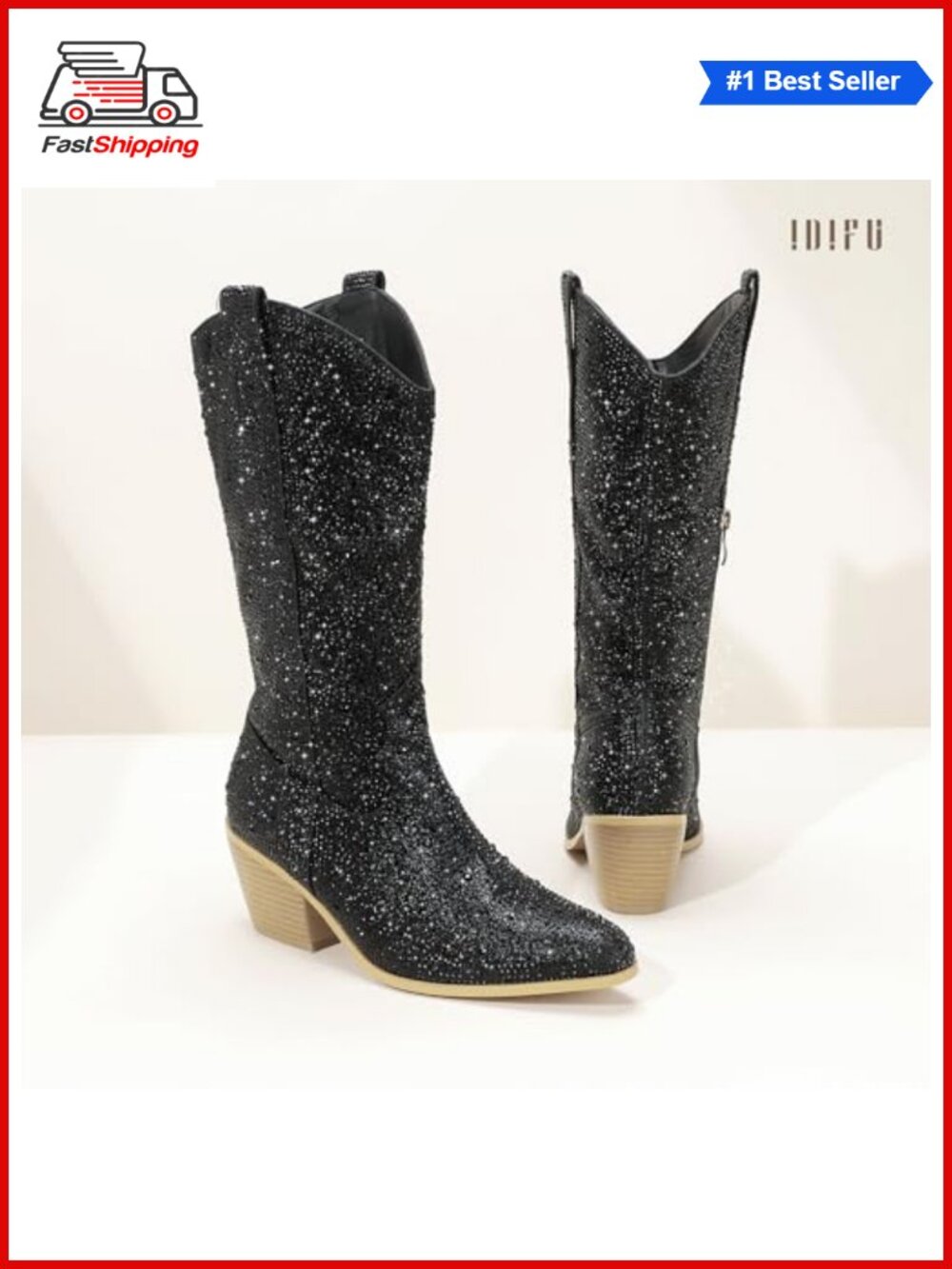 ๐
Rhinestone Mid Calf Western Cowgirl Boots Pointed Toe Block Heel Zip - Picture 4 of 6